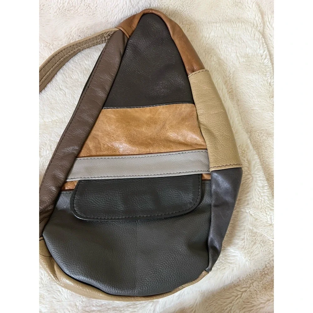 Unmarked Leather Crossbody Patchwork Purse Satchel Red/Lt Brown/Green/Champagne
